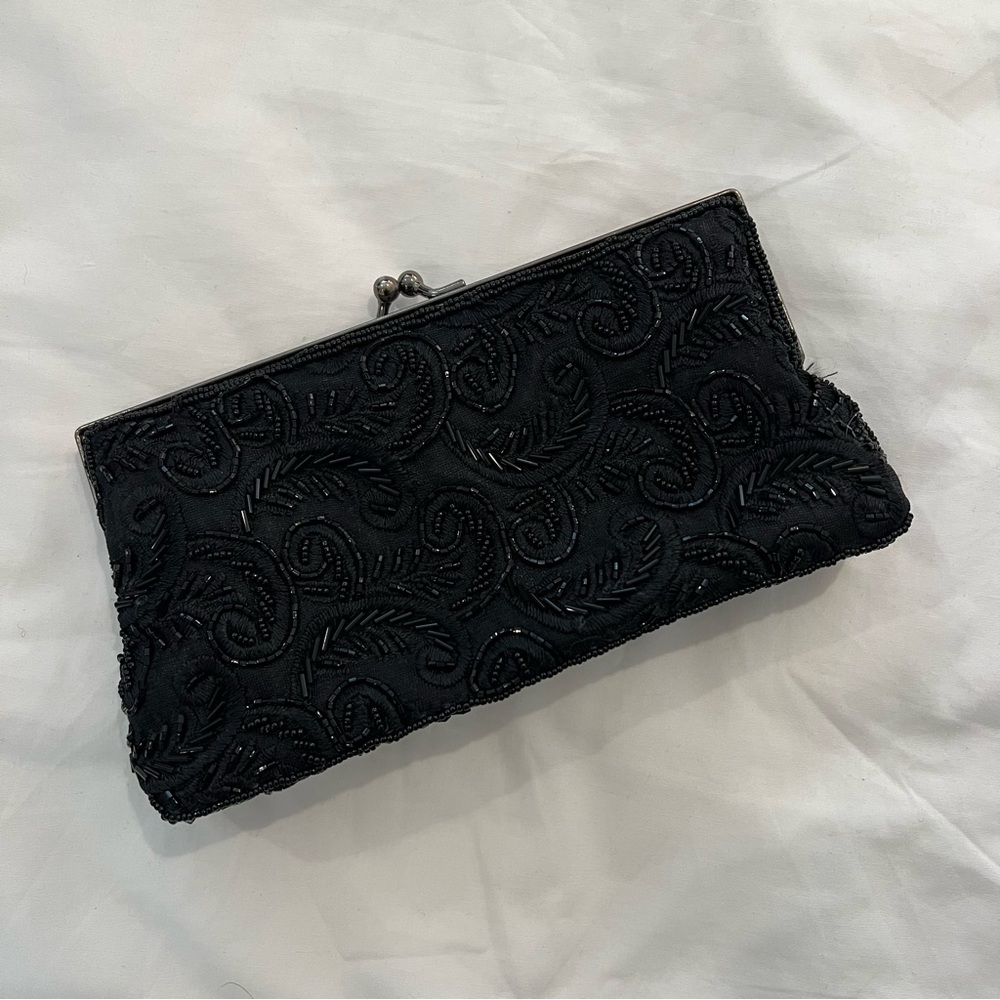 Vintage Black Beaded Clutch with snap closure and chain